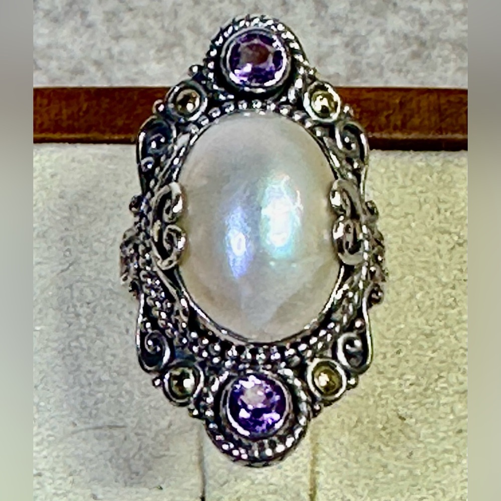 Robert Manse 925 Sterling Silver & 18k Gold Ring Size 7 Pearl & Amethyst Lot#58
